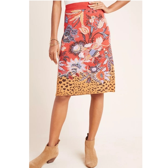 Anthropologie Dresses & Skirts - Anthropologie Coral Floral Pencil Skirt with Mustard Leopard Hem